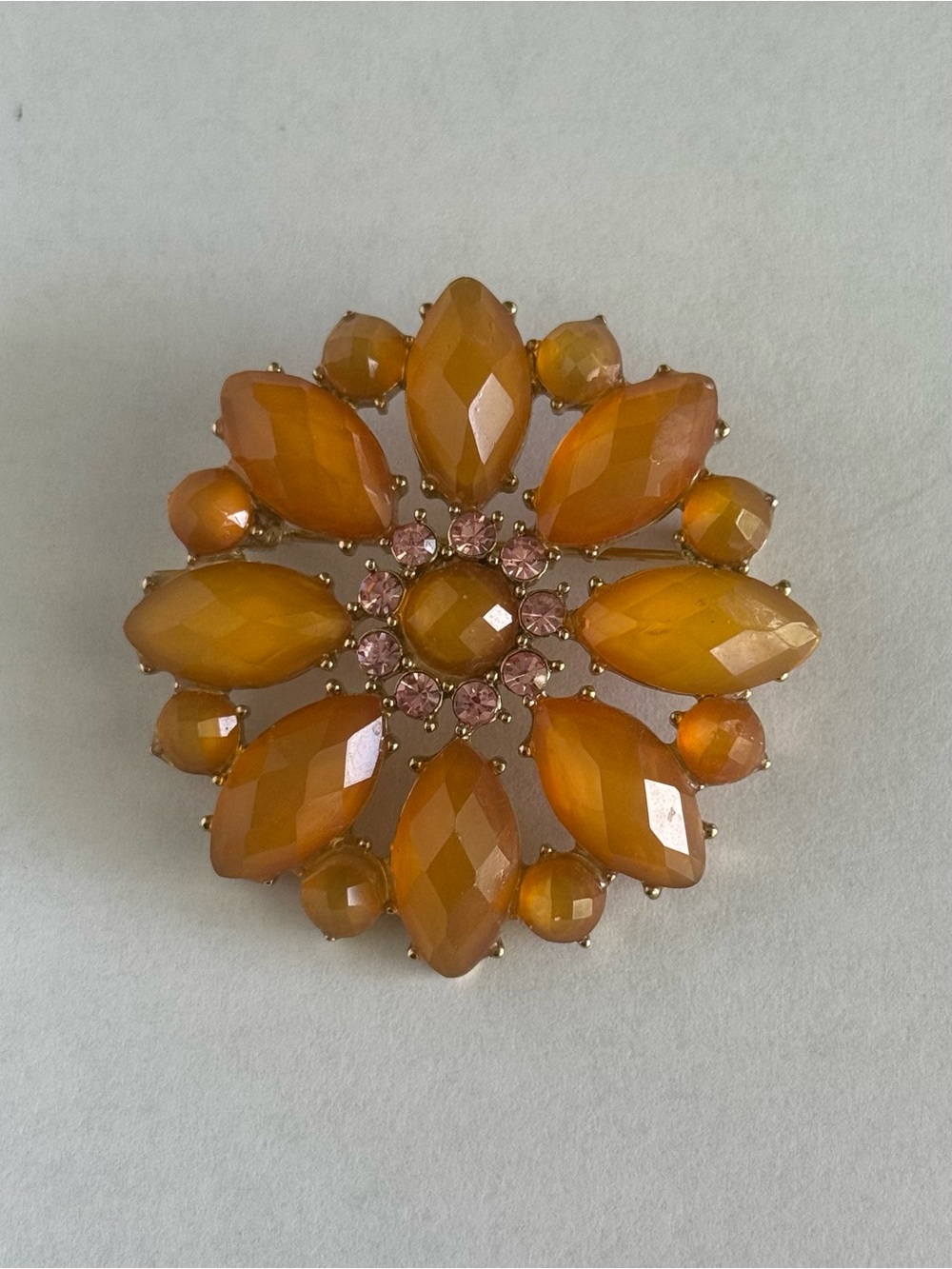 Vintage Liz Claiborne Orange Amber Flower Brooch Pin Pink Rhinestones 2"